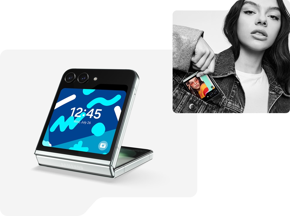 Galaxy Z Flip5 en Flex Mode, vu depuis la Flex Window avec un modèle d’horloge à cadran sur son affichage. Une femme sort un Galaxy Z Flip5 plié de la poche avant de sa veste. L’affichage montre une Flex Window au style d’horloge cadre personnalisé.