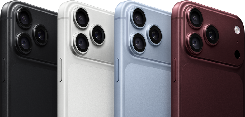 Quatre iPhone 18 Pro l’un derrière l’autre, face arrière, dans les quatre couleurs disponibles, bourgogne, glacier, argent et noir, système caméra Pro Fusion dans le coin supérieur gauche, 3 objectifs, microphone, flash