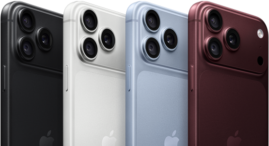 Quatre iPhone 18 Pro l’un derrière l’autre, face arrière, dans les quatre couleurs disponibles, bourgogne, glacier, argent et noir, système caméra Pro Fusion dans le coin supérieur gauche, 3 objectifs, microphone, flash