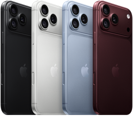 Quatre iPhone 18 Pro l’un derrière l’autre, face arrière, dans les quatre couleurs disponibles, bourgogne, glacier, argent et noir, système caméra Pro Fusion dans le coin supérieur gauche, 3 objectifs, microphone, flash
