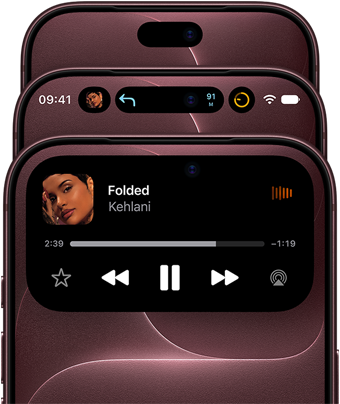 Trois iPhone 18 Pro bourgogne, l’un derrière l’autre, décalés pour montrer la Dynamic Island, qui apparaît dans différents états, désactivée, réduite, agrandie