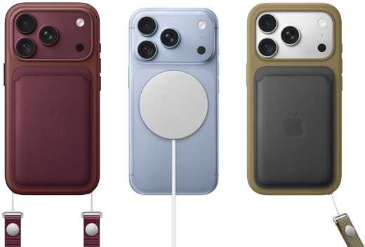 iPhone 17 Pro, face arrière, couleur orange cosmique, portefeuille à tissage fin avec MagSafe, couleur orange fauve; iPhone Air, face arrière, couleur or clair, avec batterie MagSafe; iPhone 17, face arrière, couleur bleu aube, avec étui en silicone bleu nautique et chargeur MagSafe