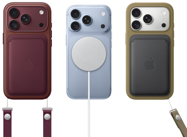 iPhone 17 Pro, face arrière, couleur orange cosmique, portefeuille à tissage fin avec MagSafe, couleur orange fauve; iPhone Air, face arrière, couleur or clair, avec batterie MagSafe; iPhone 17, face arrière, couleur bleu aube, avec étui en silicone bleu nautique et chargeur MagSafe