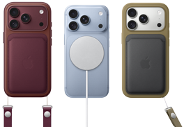iPhone 17 Pro, face arrière, couleur orange cosmique, portefeuille à tissage fin avec MagSafe, couleur orange fauve; iPhone Air, face arrière, couleur or clair, avec batterie MagSafe; iPhone 17, face arrière, couleur bleu aube, avec étui en silicone bleu nautique et chargeur MagSafe