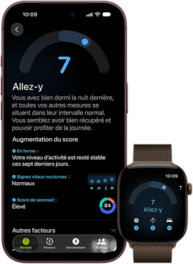 Un iPhone 18 Pro, noir, face avant, affichant un score de préparation de 7, jumelé à une Apple Watch, face avant, brune, qui affiche le même score de préparation de 7