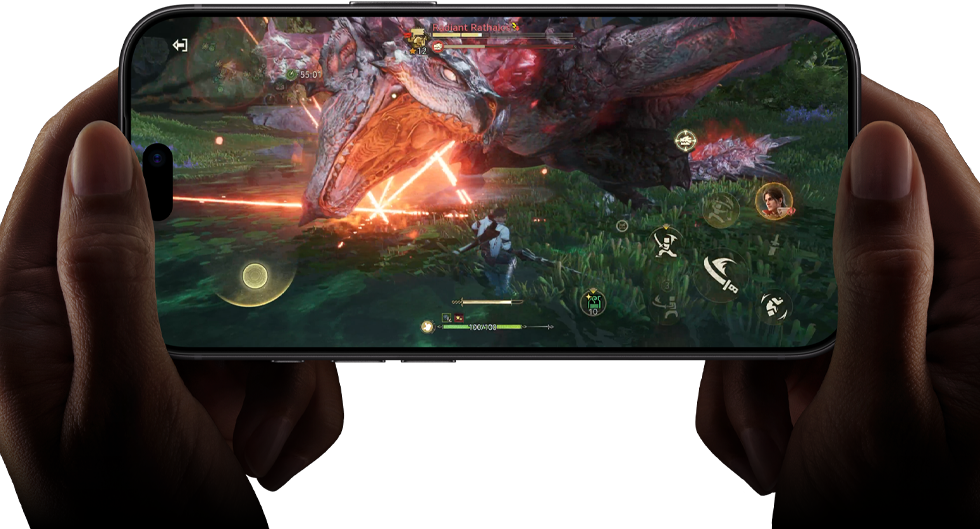Un iPhone 18 Pro, face avant, une scène du jeu Monster Hunter Outlanders illustre les performances de la puce A20 Pro