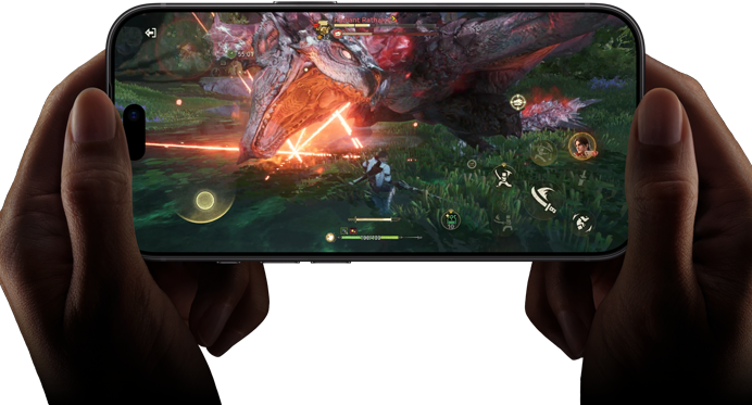 Un iPhone 18 Pro, face avant, une scène du jeu Monster Hunter Outlanders illustre les performances de la puce A20 Pro
