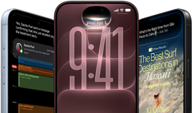 Trois iPhone 18, couleur argent, bourgogne, noir, affichant des exemples de Siri A I dans Plans et Météo