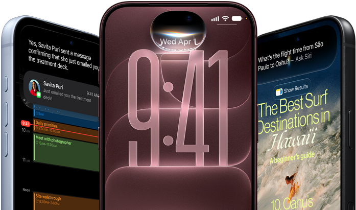 3 iPhone 18 Pro devices in Glacier, Burgundy, and Black, front exterior, screens show Siri AI integration in lock screen, Message Summary, and Ask Siri