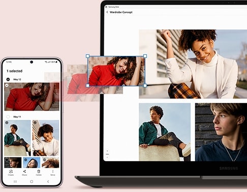 The Gallery app is open on a Galaxy S23 plus. Next to it, a wardrobe concept presentation is open on a laptop screen. A portrait photo from the Galaxy S23 plus Gallery app is being dragged and dropped into the presentation on the laptop screen.