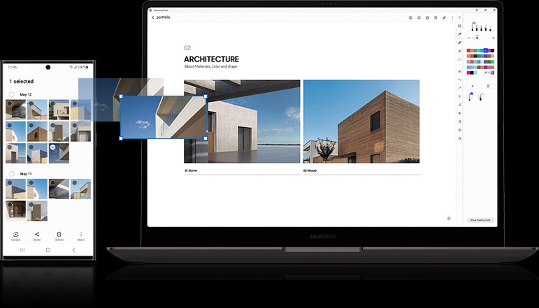 The Gallery app is open on a Galaxy S23 Ultra. Next to it, an architecture presentation is open on a laptop screen. A photo from the Galaxy S23 Ultra Gallery app is being dragged and dropped into the presentation on the laptop screen.