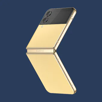 GalaxyZFlip4 in Flex mode seen from an angle that shows
					its custom Bespoke Edition yellow front and rear panels and gold frame.
