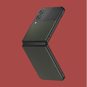 GalaxyZFlip4 in Flex mode seen from an angle that shows
					its custom Bespoke Edition khaki front and rear panels and black frame.