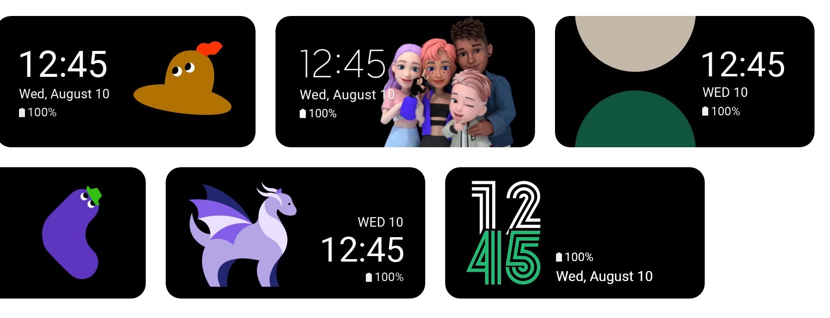 Various watch faces converge in a tile patten. Each watch face features a different graphic, and displays the
				time, date, and battery status. In the central watch face, four AR emoji-style animated characters pose close
				together as if taking a group photo.