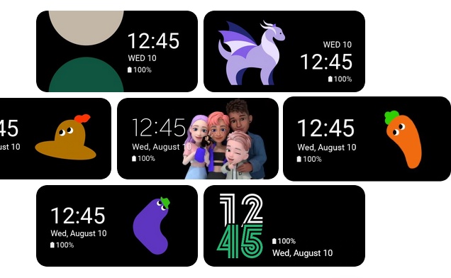 Various watch faces converge in a tile patten. Each watch face features a different graphic, and displays the
				time, date, and battery status. In the central watch face, four AR emoji-style animated characters pose close
				together as if taking a group photo.