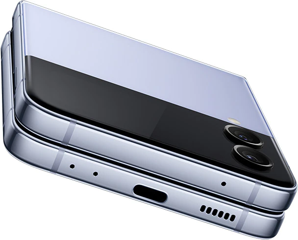 Multiple instances of
			the same closed GalaxyZFlip4 are seen from multiple angles. They are surrounded by a splash of water