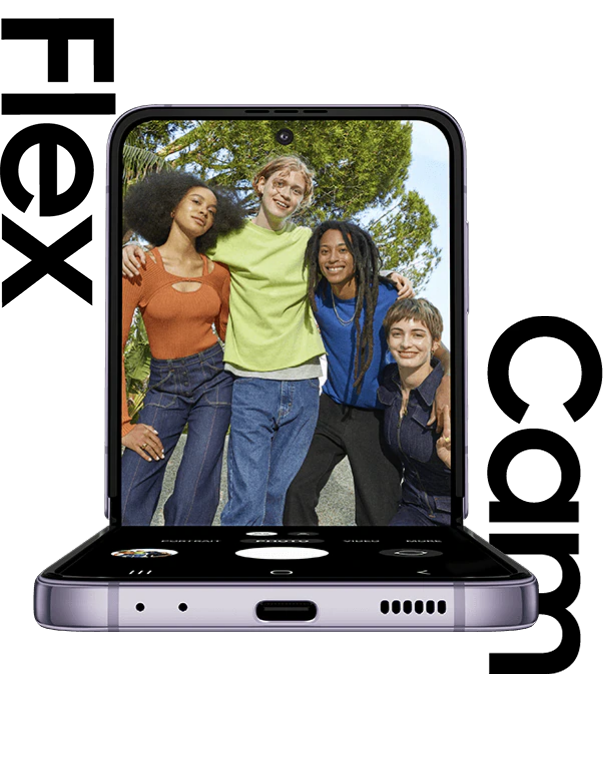 Galaxy Z Flip4 in FlexCam
			mode. The camera app is seen on the Main Screen and shows a group photo taken at a low angle. Next, a group of
			friends poses for a photo. In front of them, a Galaxy Z Flip4 in FlexCam mode is on the ground taking their picture.
			The friends can see the photo preview on the Main Screen in Flex mode.