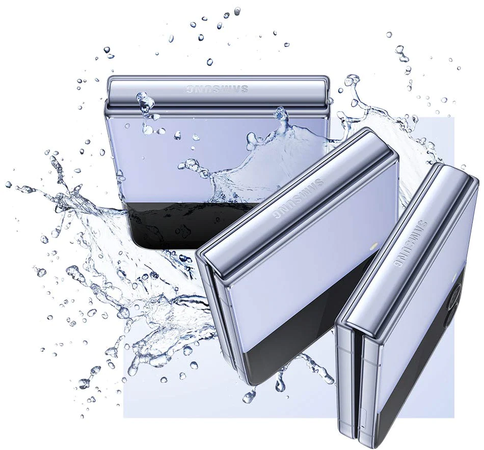Three closed Blue Galaxy Z
					Flip4 phones are seen from the hinge and Front Cover and surrounded by a splash of water.