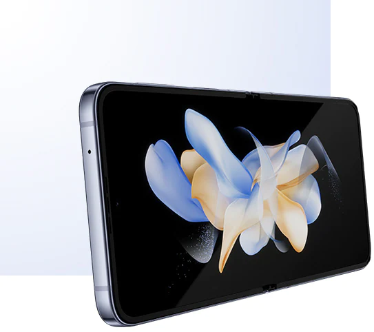 An unfolded Blue Galaxy
					Z Flip4 seen at an angle that shows its top side and Main Screen. Its Main Screen features a colourful ribbon-like
					wallpaper.