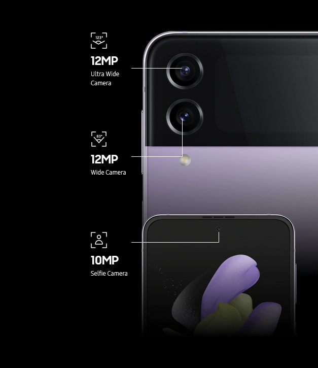 
					The Rear Camera on Galaxy Z Flip4.
					12MP Ultra Wide Camera. 12MP Wide Camera. 10MP Selfie Camera