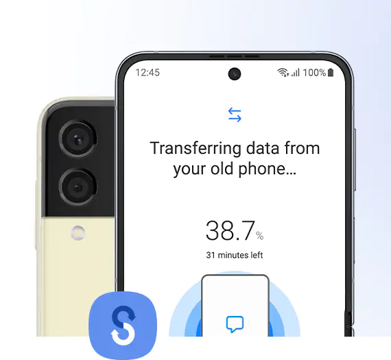 An older foldable device seen from the rear and Galaxy Z Flip4 open to the Main Screen. The phones are
								placed back to back and the Smart Switch icon is in the center. On the Galaxy Z Flip4 display is the Smart
								Switch app showing that transferring of data from the old device is in progress.