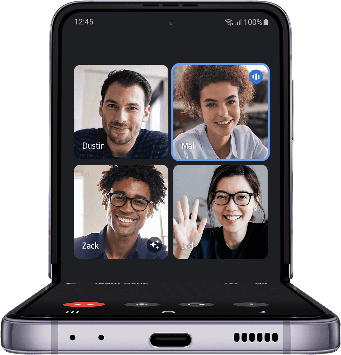 Galaxy Z Flip4 in FlexCam
	mode shows a video call with four participants on the Main Screen.