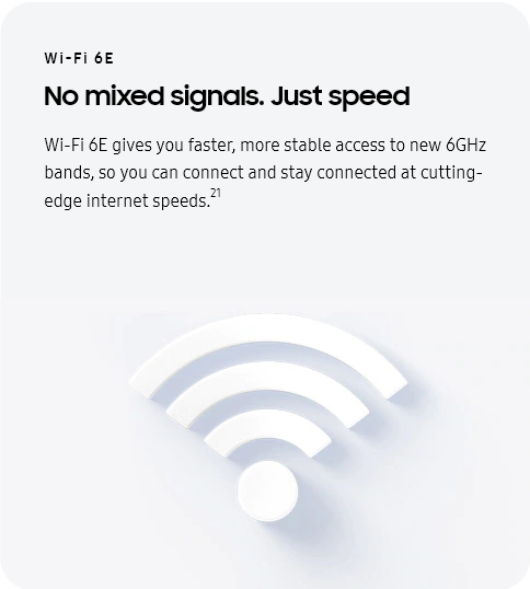 
				Wi-Fi 6E
				No mixed signals. Just speed

				Wi-Fi 6E gives you faster, more stable access to new 6GHz bands, so you can connect and stay connected at
				cutting-edge internet speeds.21