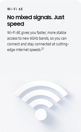 
				Wi-Fi 6E
				No mixed signals. Just speed

				Wi-Fi 6E gives you faster, more stable access to new 6GHz bands, so you can connect and stay connected at
				cutting-edge internet speeds.21