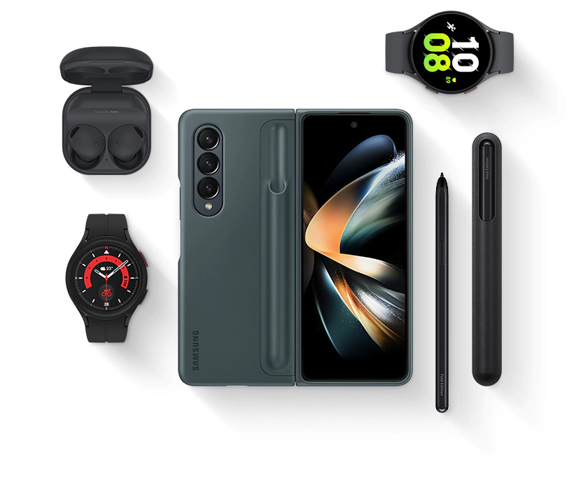 An overhead
				angle of Galaxy Buds2 Pro with the cradle open and the earbuds in place. Galaxy Watch5 with a graphic watch face. A
				Galaxy Z Fold4 with a Standing Cover with Pen installed and an S Pen Fold Edition and an S Pen Pro at its side. A
				Galaxy Watch5 Pro with a graphic watch face.