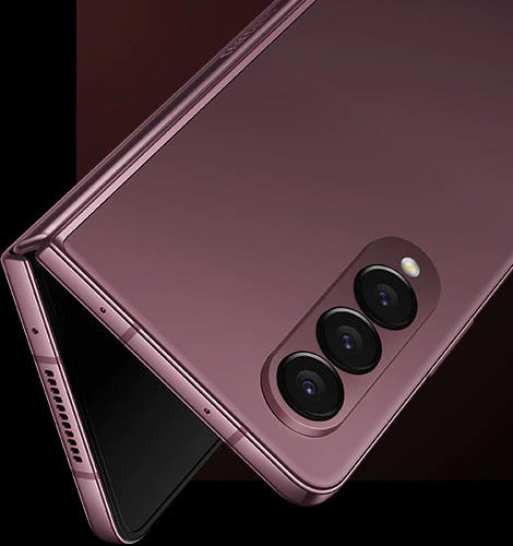 Galaxy Z Fold4
				seen upside down from the rear in the Online Exclusive colour, Burgundy.