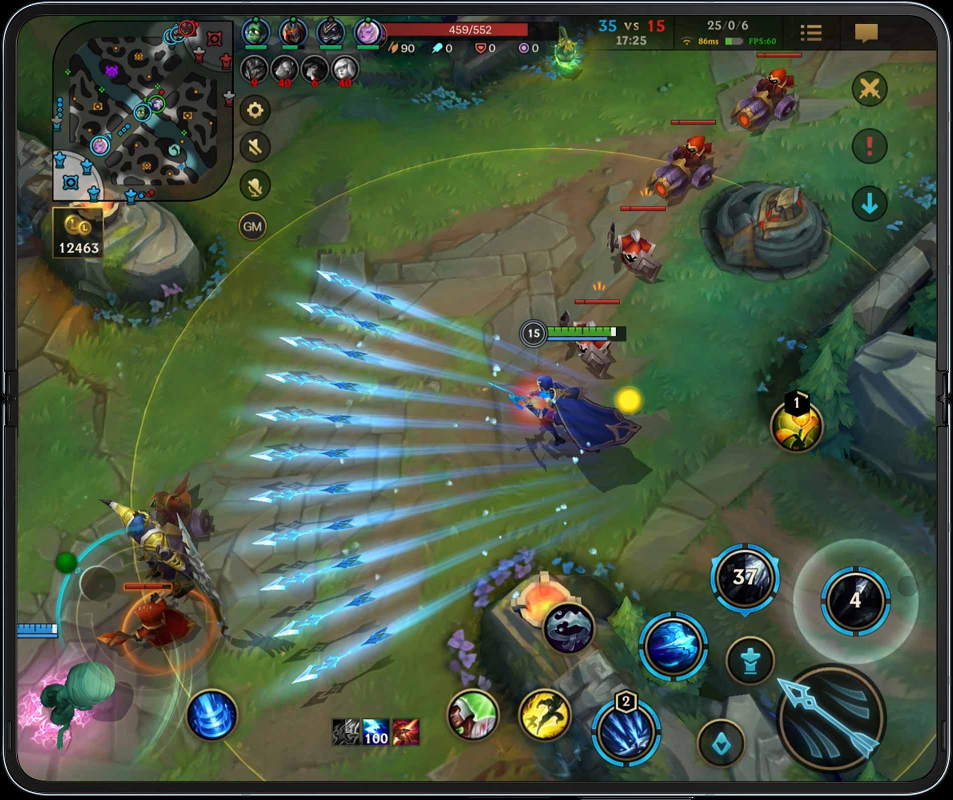 Unfolded
					Galaxy Z Fold4 with a scene from League of Legends: Wild Rift on the Main Screen. The main character is seen
					shooting bright blue arrows in multiple directions and the content is smooth.