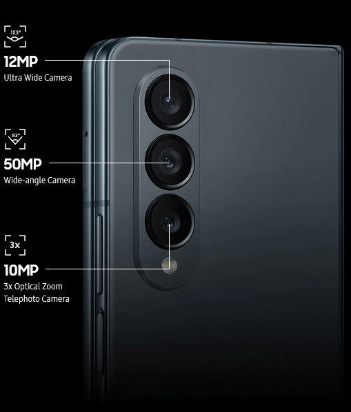 
				The Rear Camera on Galaxy Z Fold4.

				12MP
				Ultra Wide Camera

				50MP
				Wide-angle Camera

				10MP
				3x Optical Zoom Telephoto Camera