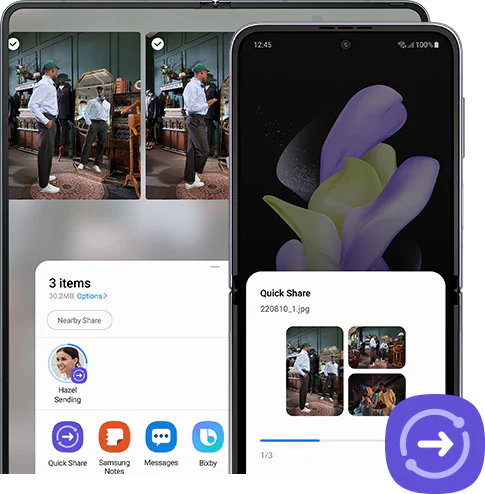 Galaxy Z Fold4
					and Galaxy Z Flip4 are both unfolded and seen from their Main Screens. The Galaxy Z Fold4 has the Gallery onscreen
					with a pop-up Quick Share panel on top. The Galaxy Z Flip4 has a Quick Share pop-up onscreen showing a photo from
					the other phone's Gallery being downloaded through Quick Share.