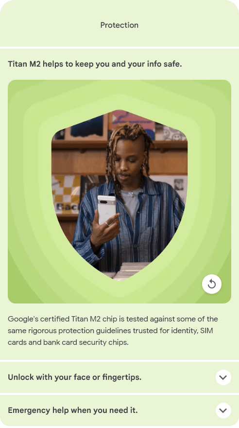 A person inside of an illustrated shield looks down at their Pixel 7