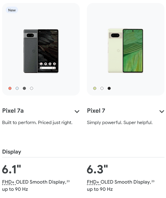 Pixel Comparison Table