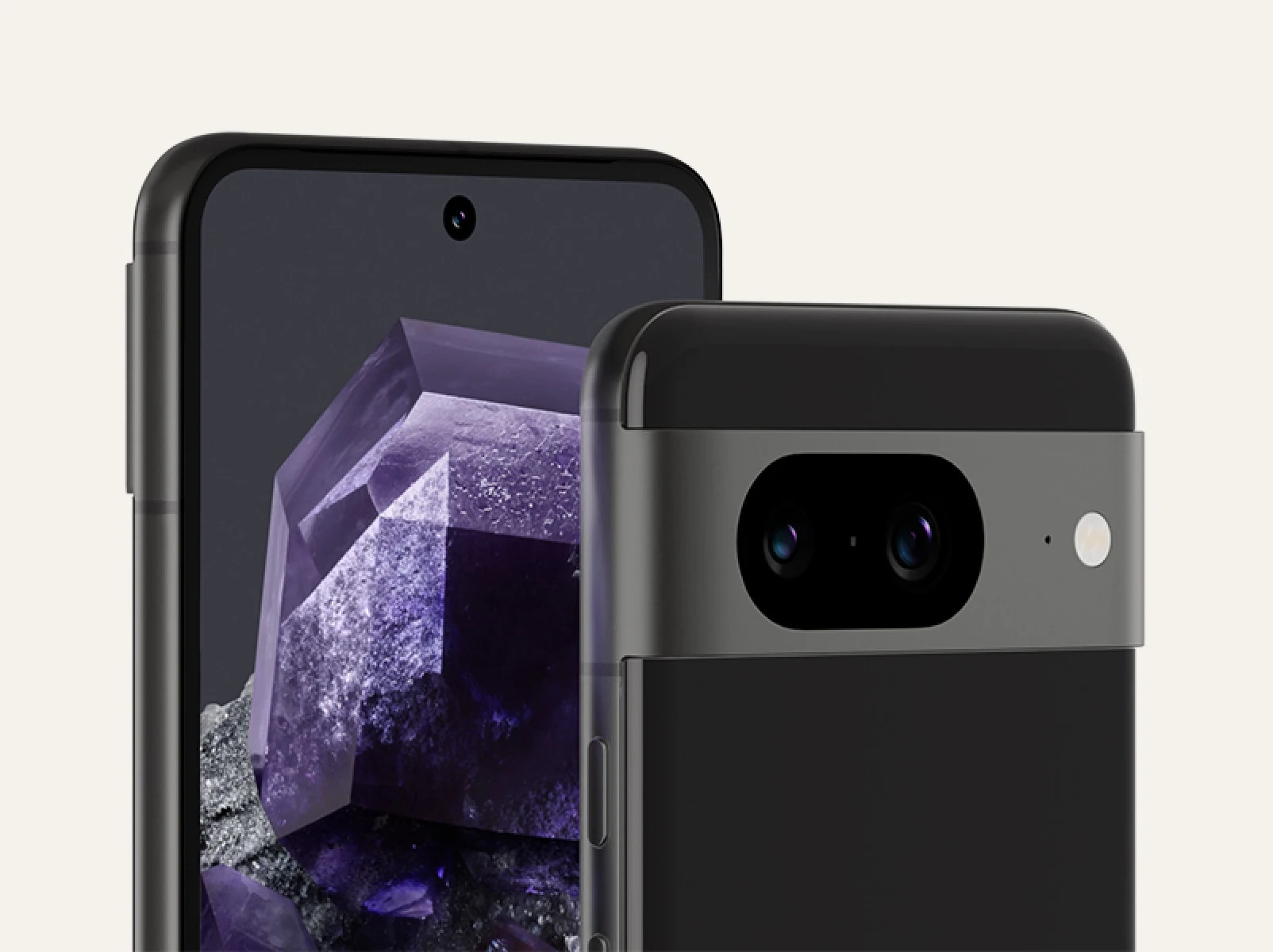 The front and back of Pixel 8 in Obsidian color. The back shows off its matte back glass, while the front shows off its brilliant display.