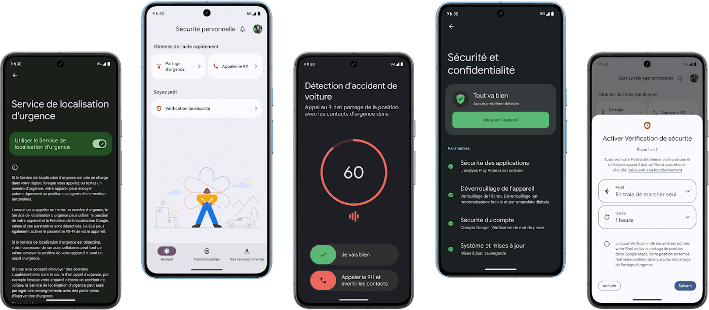 Cinq appareils Pixel 8 Pro affichant chacun différentes fonctionnalités de sécurité.