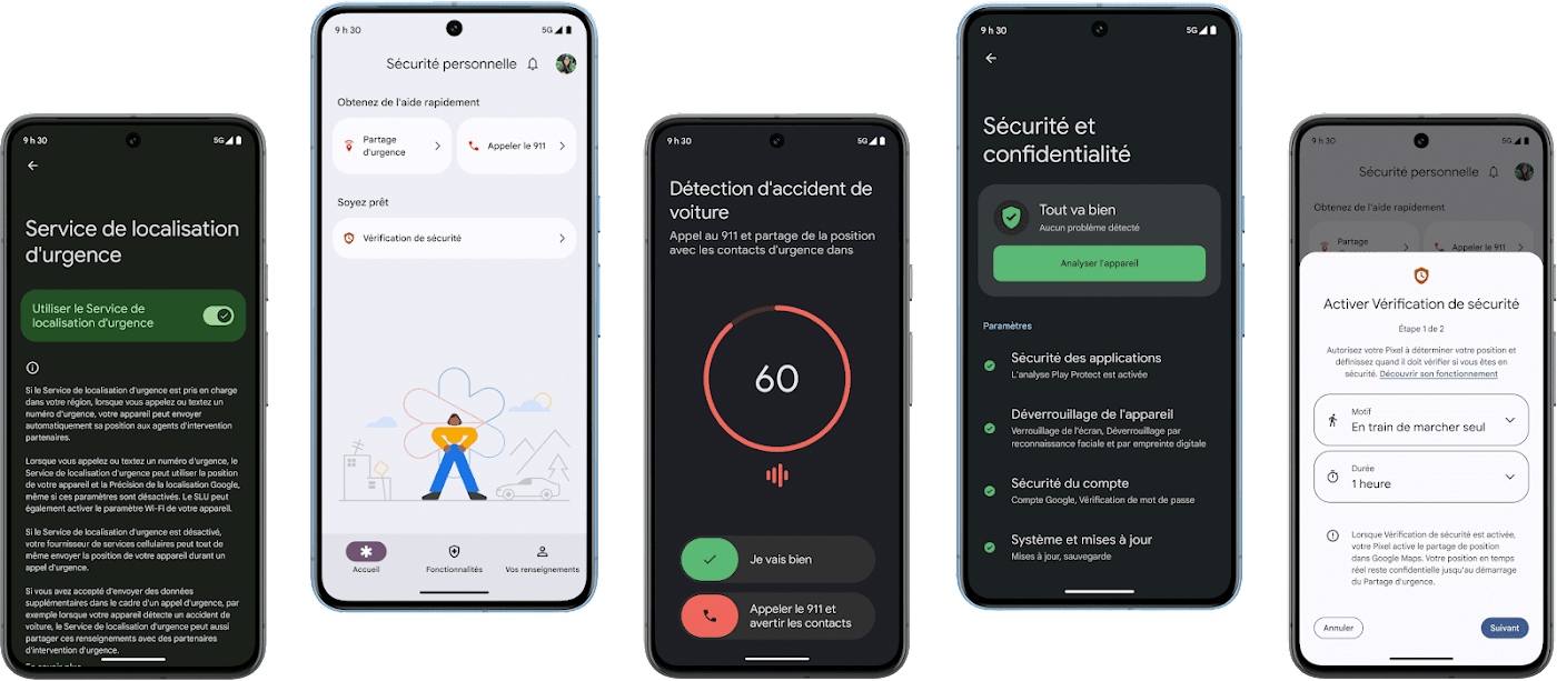 Five Pixel 8 phones all displaying different safety and security features.