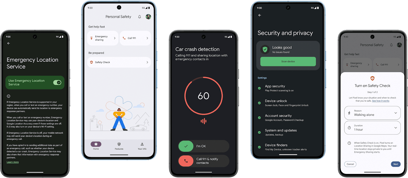 Five Pixel 8 phones all displaying different safety and security features.
