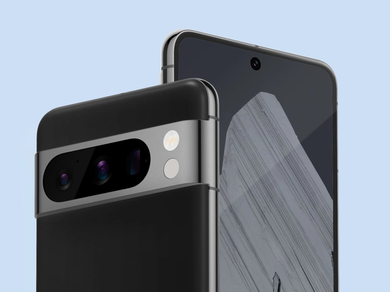 The front and back of Pixel 8 Pro in Obsidian colour. The back shows off its matte back glass, while the front shows off its brilliant display.