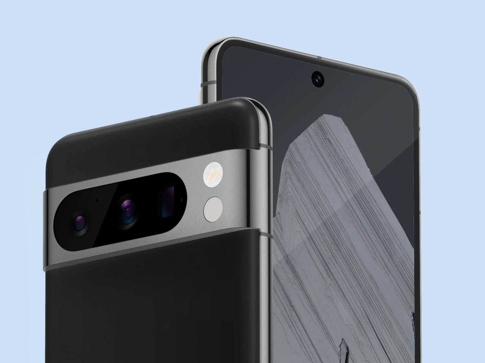 L'avant et l'arrière du Pixel 8 Pro couleur noir volcanique. L'arrière montre son revêtement en verre mat et l'avant révèle son écran brillant.