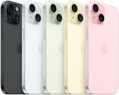 iPhone 15, back view showing advanced camera system and colour-infused glass in all finishes: Black, Blue, Green, Yellow, Pink.