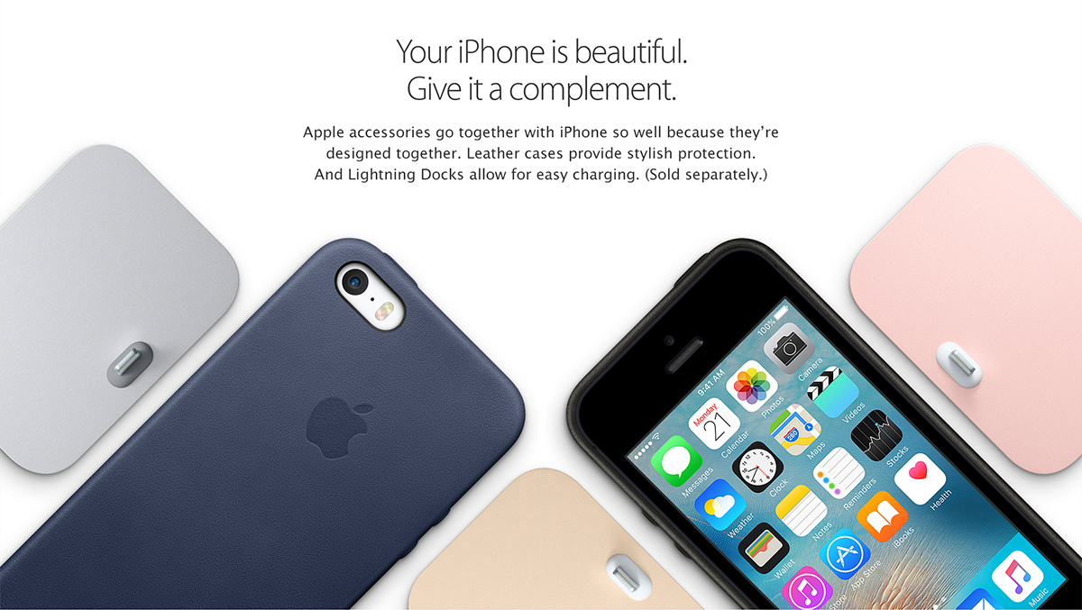 Your iPhone is beautiful.
Give it a complement.
Apple accessories go together with iPhone so well because they're designed together. Leather cases provide stylish protection. And Lightning Docks allow for easy charging. (Sold separately.)
